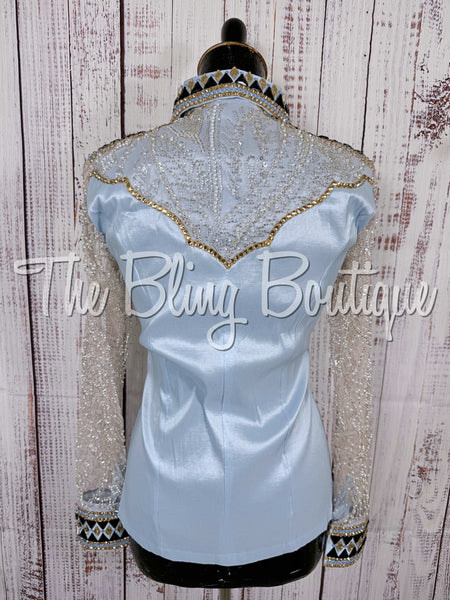 Ice Blue, Tan & Black Day Shirt Set With Beaded Lace Sleeves (XS/S)