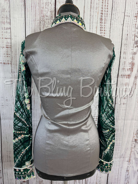 Grey & Hunter Green Day Shirt Set With Lace Sleeves (S)