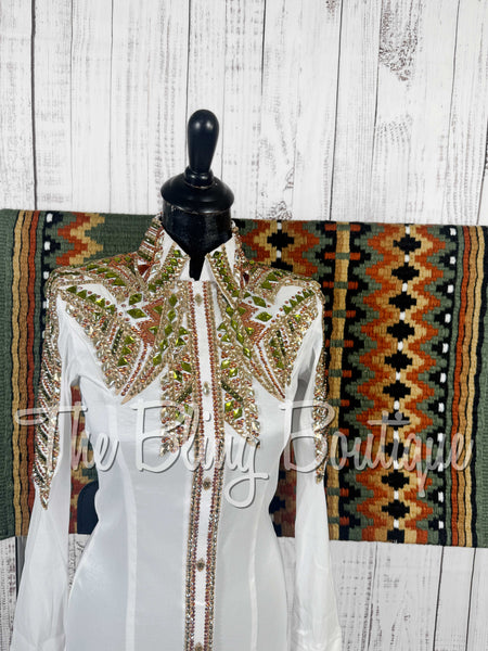 White, Olive Green & Copper Day Shirt Set (Small)