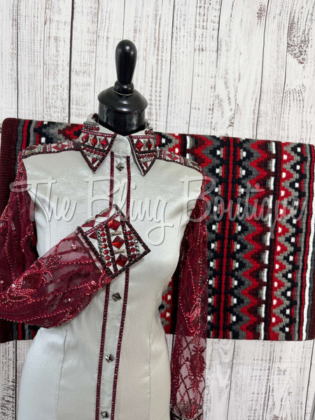 Light Grey & Burgundy Day Shirt Set With Lace Sleeves (S)