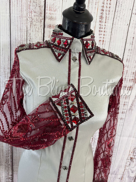 Light Grey & Burgundy Day Shirt Set With Lace Sleeves (S)