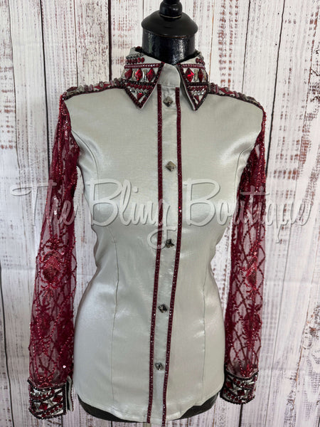 Light Grey & Burgundy Day Shirt Set With Lace Sleeves (S)