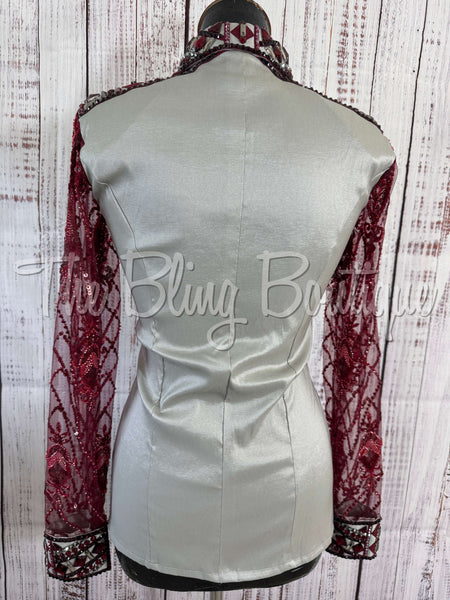 Light Grey & Burgundy Day Shirt Set With Lace Sleeves (S)