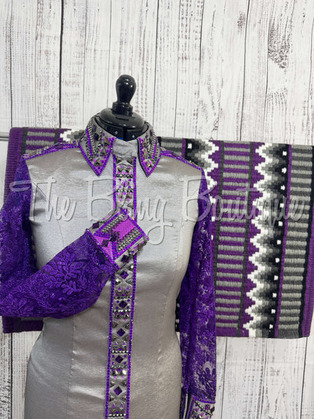 Grey & Purple Day Shirt Set With Lace Sleeves (M)