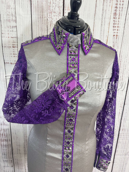 Grey & Purple Day Shirt Set With Lace Sleeves (M)