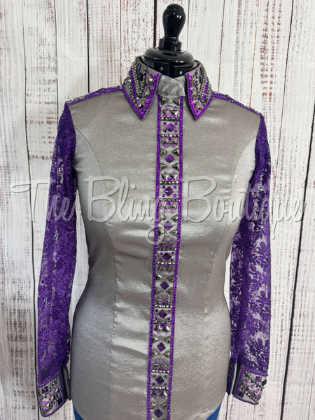 Grey & Purple Day Shirt Set With Lace Sleeves (M)