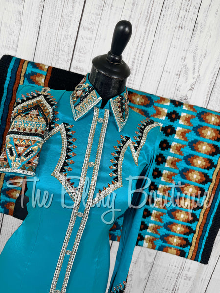 Teal, Rust, Tan, Black & White Day Shirt Set (X-Small)