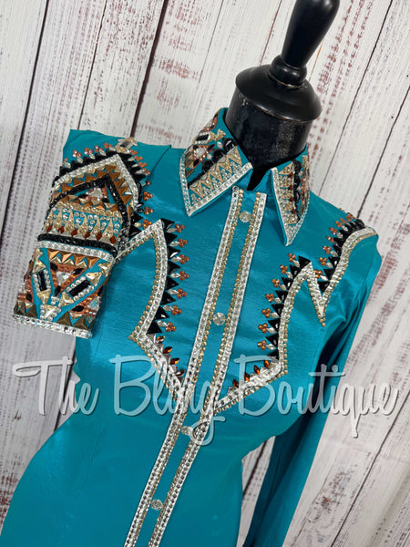 Teal, Rust, Tan, Black & White Day Shirt Set (X-Small)