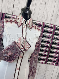 White, Plum & Lilac Day Shirt Set With Beaded Lace Sleeves (S)