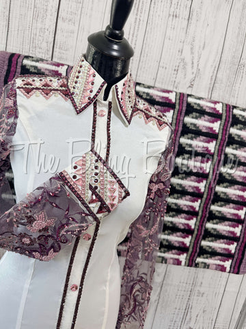 White, Plum & Lilac Day Shirt Set With Beaded Lace Sleeves (S)