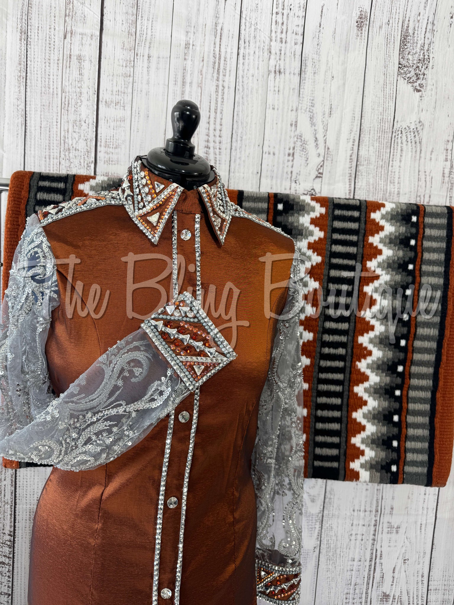 Rust & Charcoal Day Shirt Set With Beaded Lace Sleeves (L)