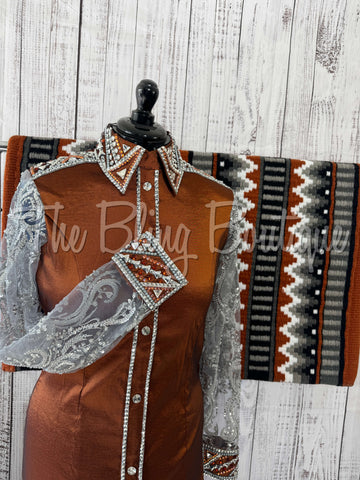 Rust & Charcoal Day Shirt Set With Beaded Lace Sleeves (L)