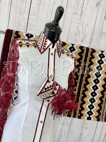 White, Burgundy & Tan Day Shirt Set With Lace Sleeves (S)