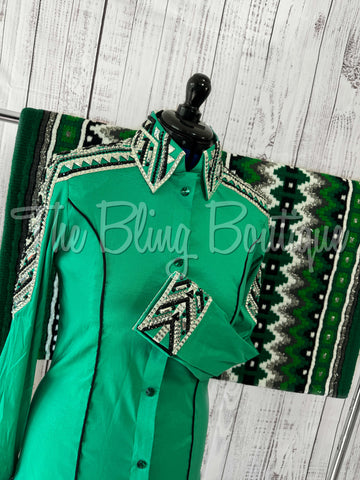 Kelly Green, Black, Silver & White Day Shirt Set (L)