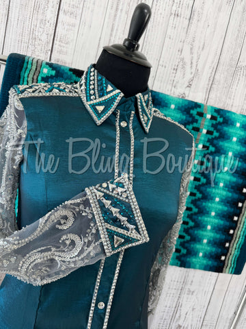 Ocean Teal & Grey Day Shirt Set With Beaded Lace Sleeves (2XL)