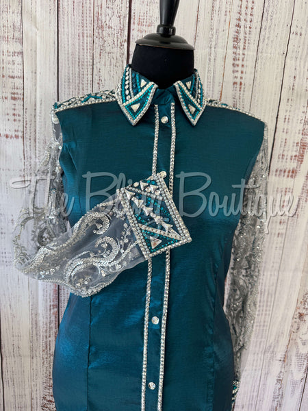 Ocean Teal & Grey Day Shirt Set With Beaded Lace Sleeves (2XL)