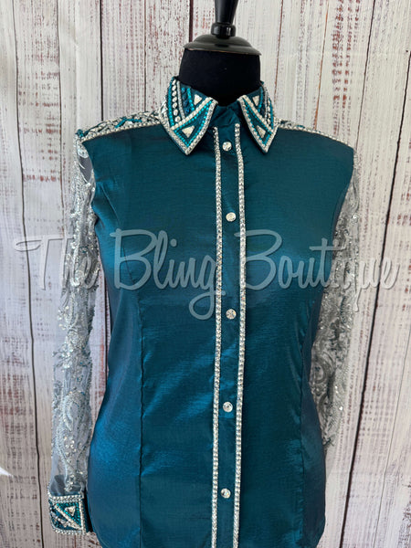 Ocean Teal & Grey Day Shirt Set With Beaded Lace Sleeves (2XL)