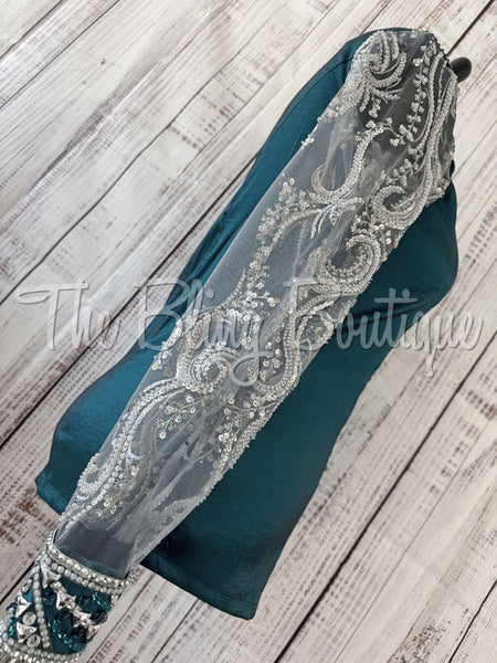 Ocean Teal & Grey Day Shirt Set With Beaded Lace Sleeves (2XL)