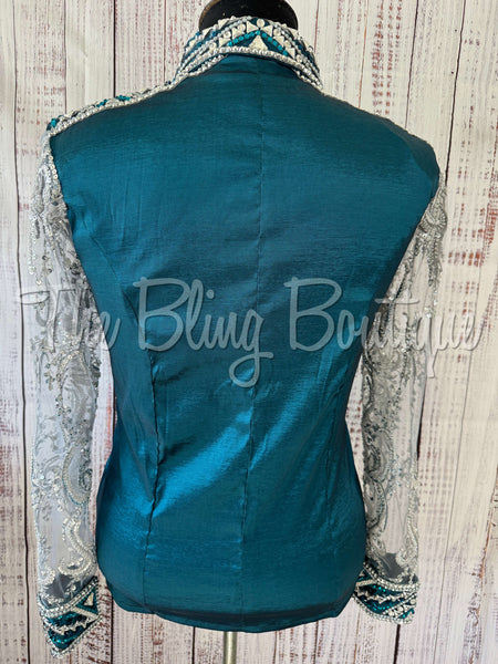 Ocean Teal & Grey Day Shirt Set With Beaded Lace Sleeves (2XL)