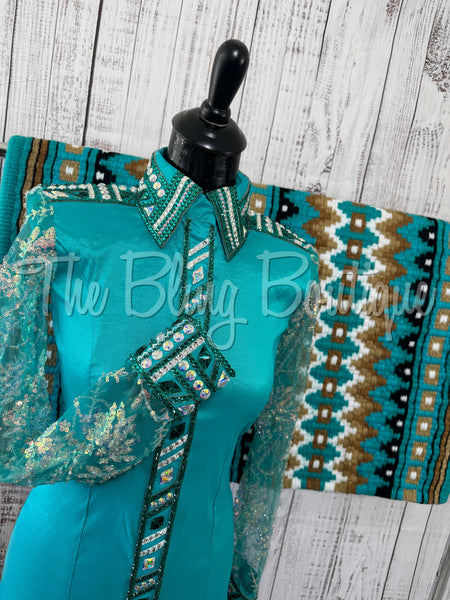 Teal Day Shirt Set With Lace Sleeves (S)