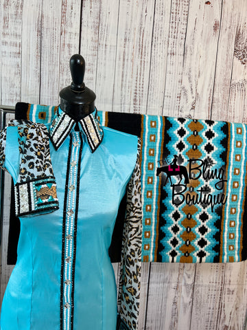Turquoise & Leopard Day Shirt With Sheer Sleeves Set (M)