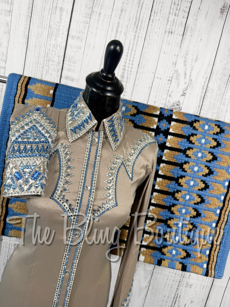 Tan, Denim Blue & White Day Shirt Set (Small)