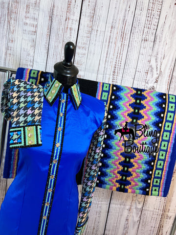 Royal Blue Multi Colored Day Shirt With Sheer Sleeves Set (M)