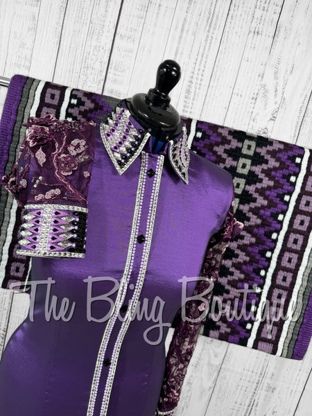 Purple & Plum Day Shirt Set With Beaded Lace Sleeves (Medium)