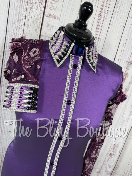 Purple & Plum Day Shirt Set With Beaded Lace Sleeves (Medium)