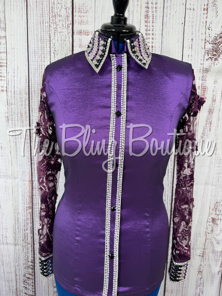 Purple & Plum Day Shirt Set With Beaded Lace Sleeves (Medium)