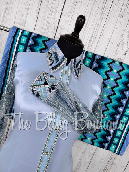 Ice Blue, Ocean Teal & White Day Shirt Set With Beaded Lace Sleeves (XL)