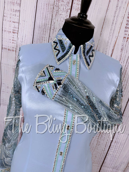 Ice Blue, Ocean Teal & White Day Shirt Set With Beaded Lace Sleeves (XL)