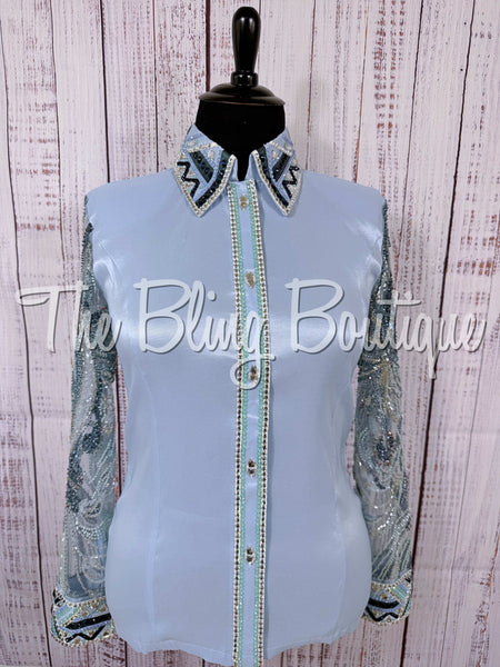 Ice Blue, Ocean Teal & White Day Shirt Set With Beaded Lace Sleeves (XL)
