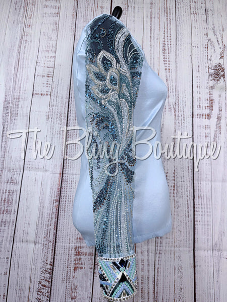 Ice Blue, Ocean Teal & White Day Shirt Set With Beaded Lace Sleeves (XL)