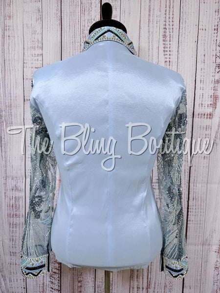 Ice Blue, Ocean Teal & White Day Shirt Set With Beaded Lace Sleeves (XL)