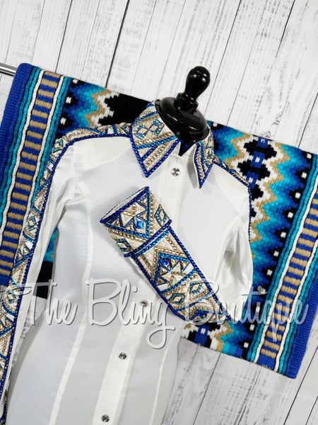 White, Royal Blue, Turquoise & Tan Day Shirt Set (Medium)