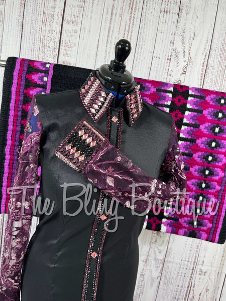 Black, Purple, Plum & Pink Day Shirt Set With Beaded Lace Sleeves (Large)