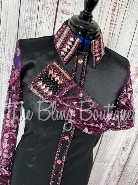 Black, Purple, Plum & Pink Day Shirt Set With Beaded Lace Sleeves (Large)