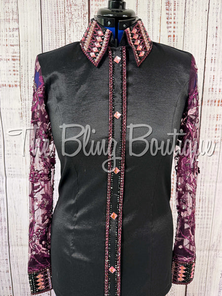 Black, Purple, Plum & Pink Day Shirt Set With Beaded Lace Sleeves (Large)