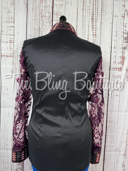 Black, Purple, Plum & Pink Day Shirt Set With Beaded Lace Sleeves (Large)
