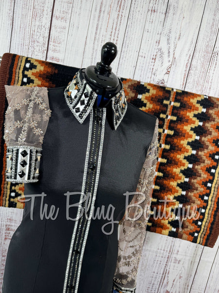 Black, Tan & Grey Day Shirt Set With Beaded Lace Sleeves (Large)