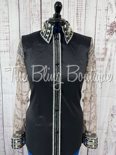 Black, Tan & Grey Day Shirt Set With Beaded Lace Sleeves (Large)
