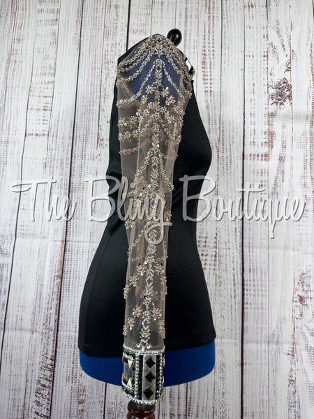 Black, Tan & Grey Day Shirt Set With Beaded Lace Sleeves (Large)