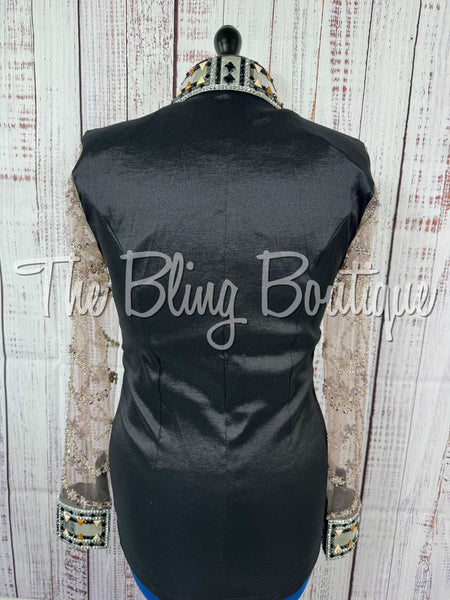 Black, Tan & Grey Day Shirt Set With Beaded Lace Sleeves (Large)