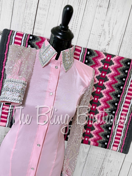 Light Pink, Silver & White Day Shirt Set With Beaded Lace Sleeves (S)