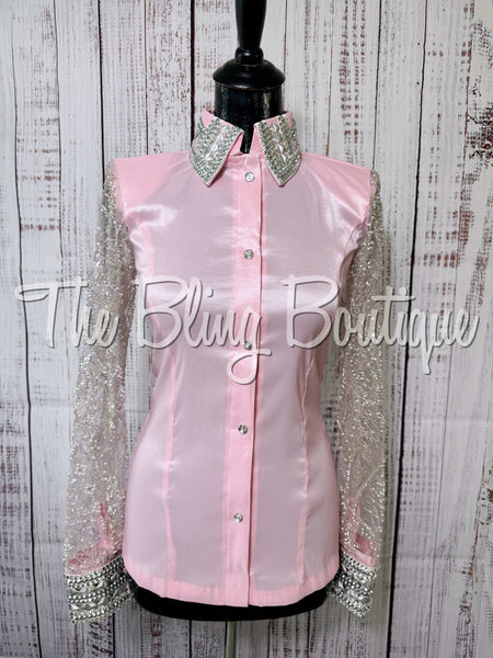 Light Pink, Silver & White Day Shirt Set With Beaded Lace Sleeves (S)