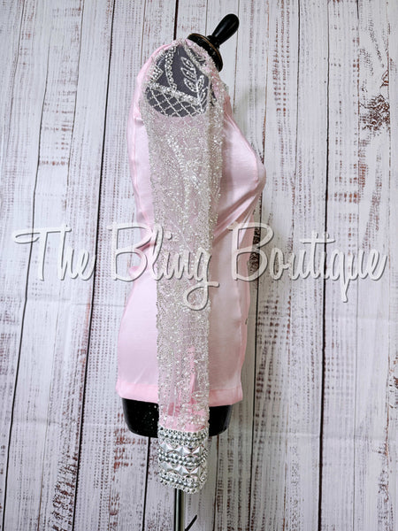 Light Pink, Silver & White Day Shirt Set With Beaded Lace Sleeves (S)