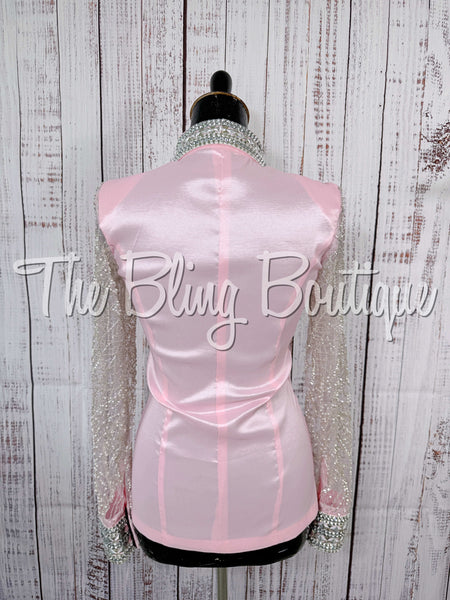 Light Pink, Silver & White Day Shirt Set With Beaded Lace Sleeves (S)