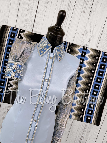 Ice Blue, Periwinkle & White Day Shirt Set With Beaded Sheer Sleeves (S)