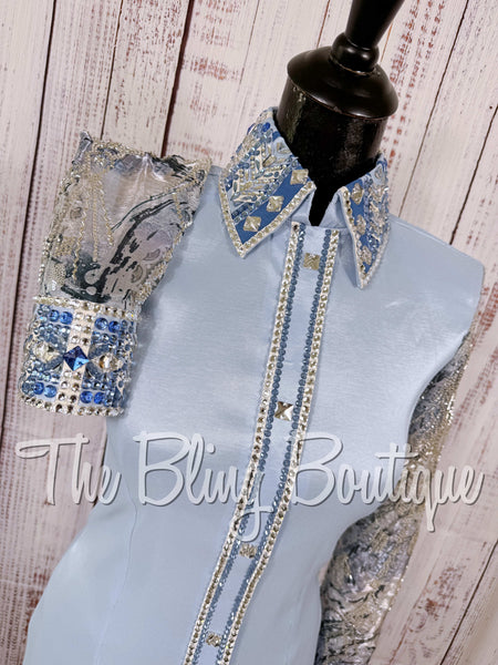 Ice Blue, Periwinkle & White Day Shirt Set With Beaded Sheer Sleeves (S)